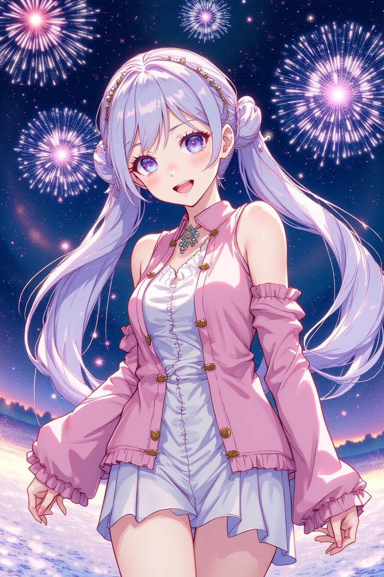 1girl, hatsune miku, vocaloid, cute, long hair, twintails, open mouth, happy, detached sleeves, skirt, fireworks, stars, looking at viewer, beautiful, tsubonari, 43 pon, (straight on:0.6)