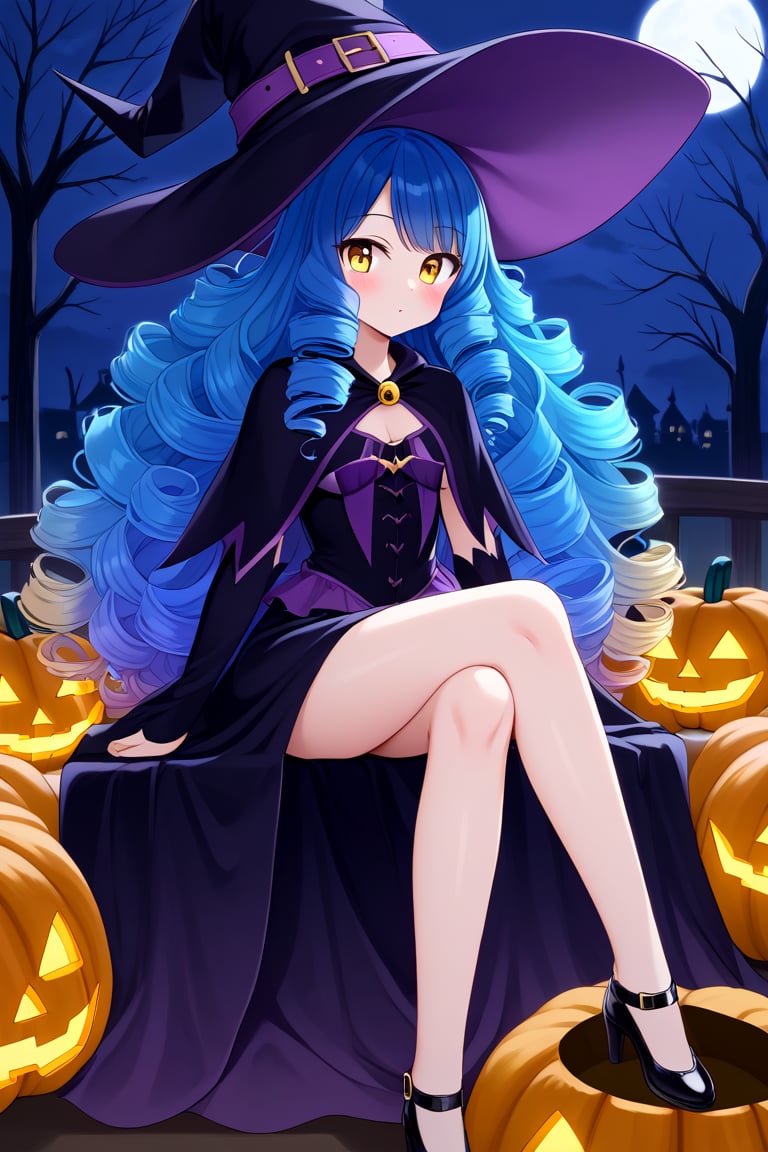 1girl, solo, blue hair, gradient hair, white gradient, long hair, curly hair, light skin, yellow eyes, pink blush, big hat, (witch hat), witch costume, ((sitting on pumpkin)), halloween pumpkins, glowing pumpkins, night, bats