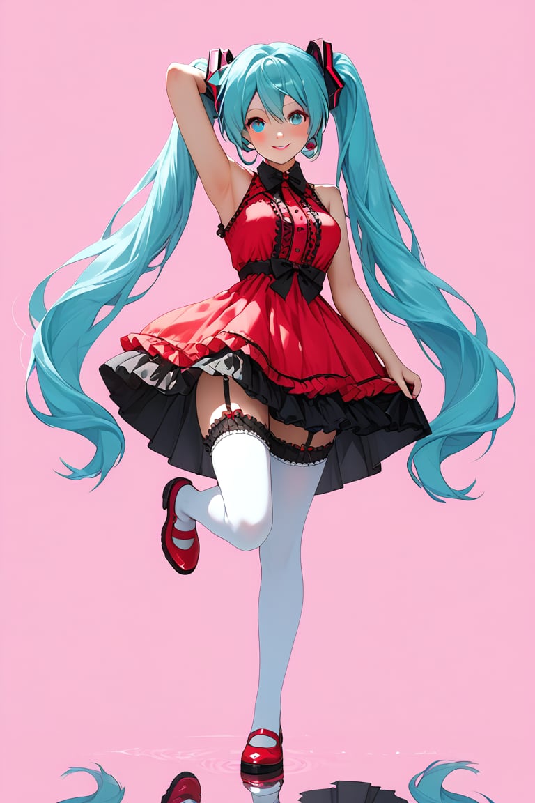 1girl, aqua eyes, aqua hair, arm up, armpits, bangs, black bow, black skirt, blue eyes, bow, breasts, dress, frilled dress, frills, full body, garter straps, hair between eyes, hair ornament, hatsune miku, long hair, looking at viewer, pink background, red dress, red footwear, reflection, shoes, skirt, skirt hold, sleeveless, smile, solo, standing, standing on one leg, thighhighs, twintails, v, very long hair, white thighhighs