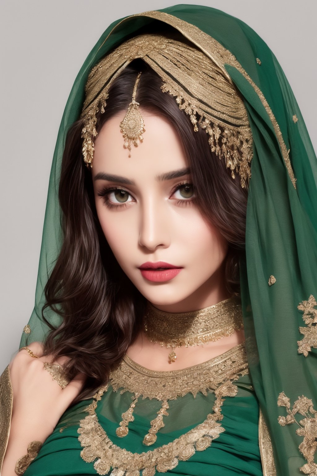 Her hair is long, dark, and lustrous, partially visible beneath the elegantly draped dupatta that adorns her head and shoulders, respecting her Muslim heritage. The dupatta, a piece of fine, lightweight fabric, is richly embroidered with traditional Pakistani motifs, incorporating colors like deep reds, vibrant greens, and golds, symbolizing the richness of her culture.