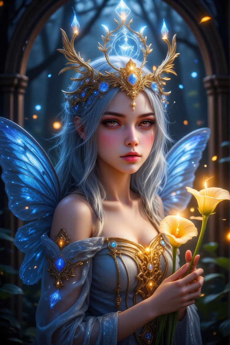 A fantasy character with butterfly wings wearing an elegant blue gown and hair adorned with glowing embellishments. She holds two glowing golden calla lilies, with a mysterious night forest in the background, adding to the magical atmosphere. The golden light emitted from the butterfly-like wings and accessories blends perfectly with the scene, showing a gentle and dreamy temperament.