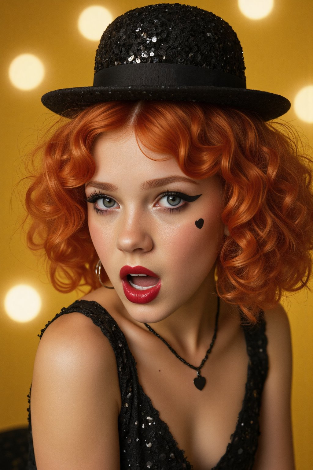 A photo featuring a young girl in a dramatic, theatrical pose. She is wearing a black, sparkly round hat adorned with sequins, which sits atop her voluminous, curly solid color red
 hair. Her makeup is bold and striking, with heavy black eyeliner, mascara, and dark red lipstick, giving her a sultry, almost vampiric appearance. She has a black beauty mark in the shape of a heart on her left cheek, adding to the dramatic effect. Her expression is one of intense focus or surprise, with her mouth slightly open and her eyes wide. The background is a blurred, warm yellow, suggesting a stage setting with soft, out-of-focus bokeh lights in the background, creating a sense of depth and a slightly dreamy atmosphere. The lighting highlights her features and the textures of her hair and hat, making them stand out prominently. The overall style of the image is reminiscent of vintage glamour, possibly influenced by 1920s or 1930s Hollywood aesthetics. The girl’s outfit and accessories, along with the dramatic makeup and lighting, contribute to a striking and memorable visual.