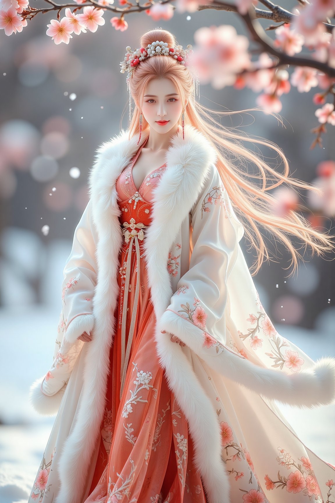 On a snowy winter day,  a 23-year-old oriental classical beauty stood quietly in the plum forest,  ((light pink hair)) as...
