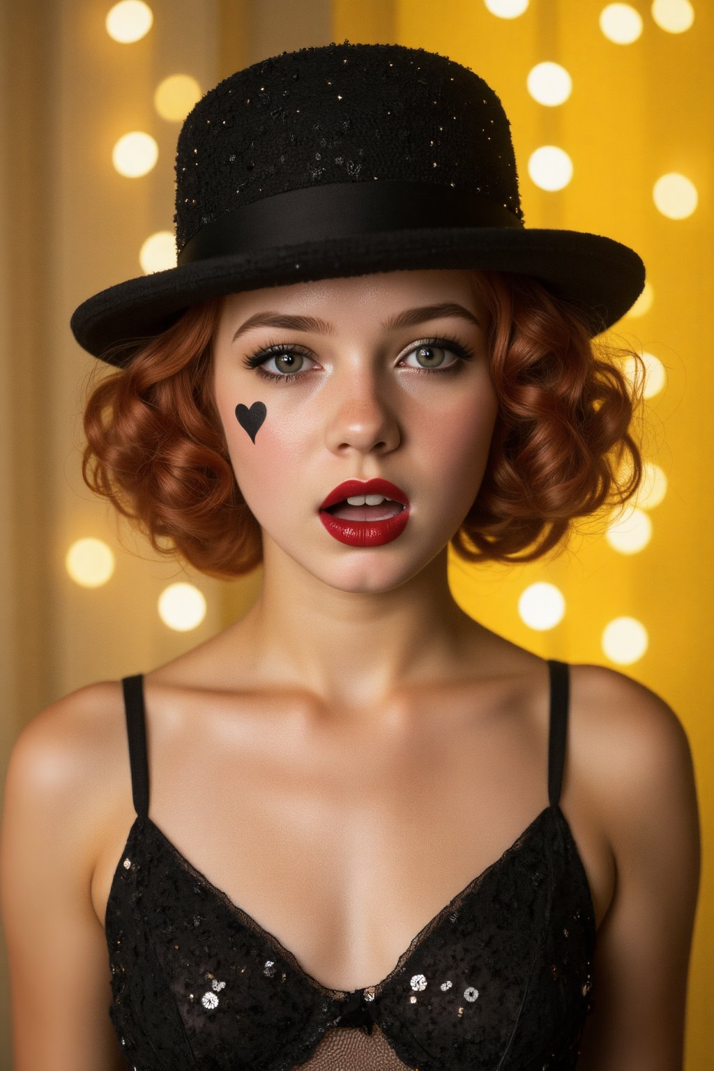 A photo featuring a young girl in a dramatic, theatrical pose. She is wearing a black, sparkly round hat adorned with sequins, which sits atop her voluminous, curly red hair. Her makeup is bold and striking, with heavy black eyeliner, mascara, and dark red lipstick, giving her a sultry, almost vampiric appearance. She has a black beauty mark in the shape of a heart on her left cheek, adding to the dramatic effect. Her expression is one of intense focus or surprise, with her mouth slightly open and her eyes wide. The background is a blurred, warm yellow, suggesting a stage setting with soft, out-of-focus bokeh lights in the background, creating a sense of depth and a slightly dreamy atmosphere. The lighting highlights her features and the textures of her hair and hat, making them stand out prominently. The overall style of the image is reminiscent of vintage glamour, possibly influenced by 1920s or 1930s Hollywood aesthetics. The girl’s outfit and accessories, along with the dramatic makeup and lighting, contribute to a striking and memorable visual.