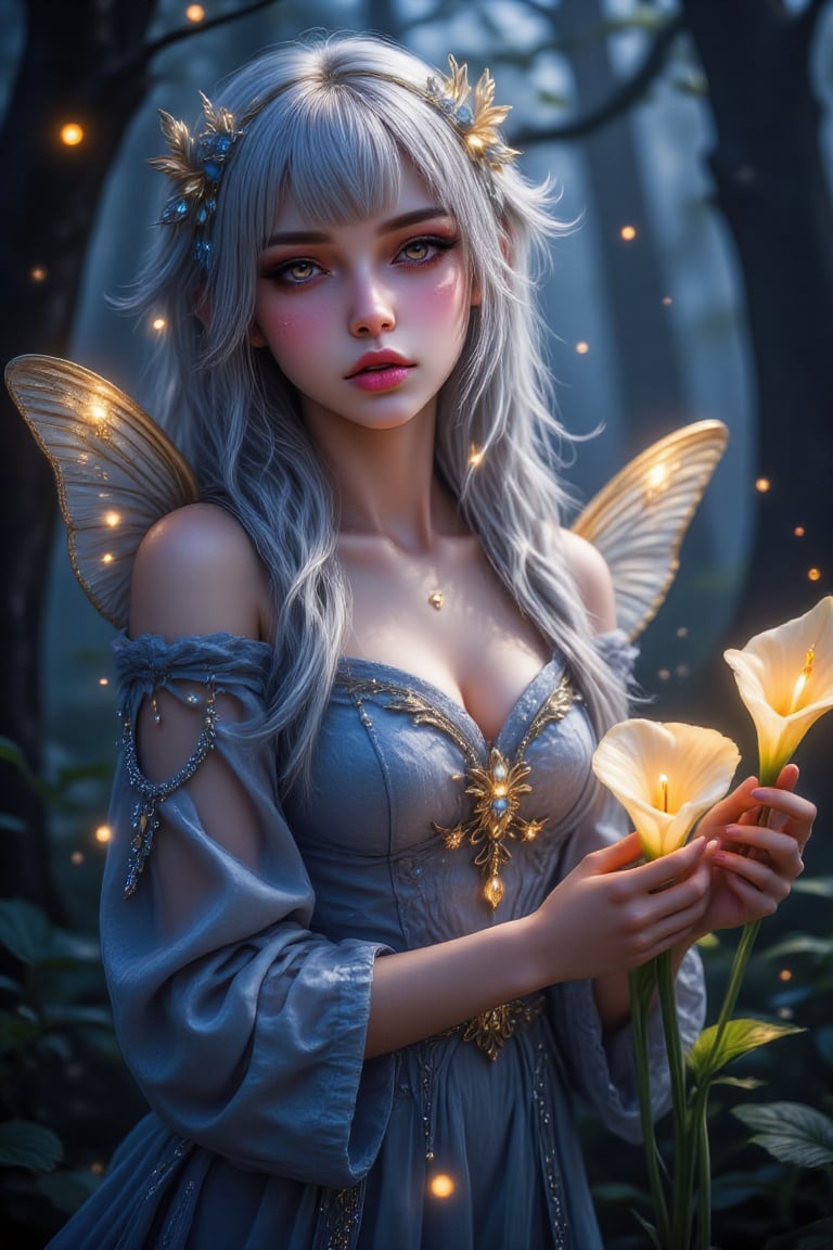 A fantasy character with butterfly wings wearing an elegant blue gown and hair adorned with glowing embellishments. She holds two glowing golden calla lilies, with a mysterious night forest in the background, adding to the magical atmosphere. The dreamy butterfly-like wings and the golden light emitted from the accessories blend perfectly with the scene, showing a gentle and dreamy temperament.