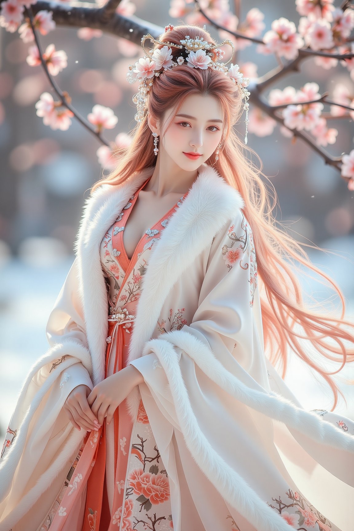 On a snowy winter day,  a 23-year-old oriental classical beauty stood quietly in the plum forest,  ((light pink hair)) as...