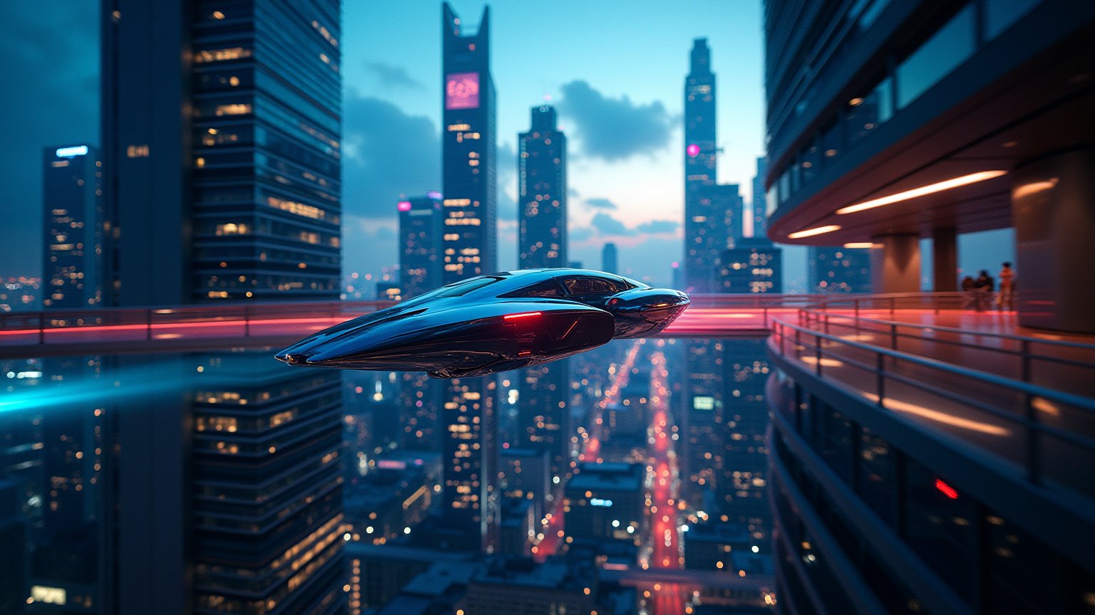 A panoramic view of a futuristic urban landscape at dusk,  featuring sleek,  hovering vehicles zipping through neon-lit sk...