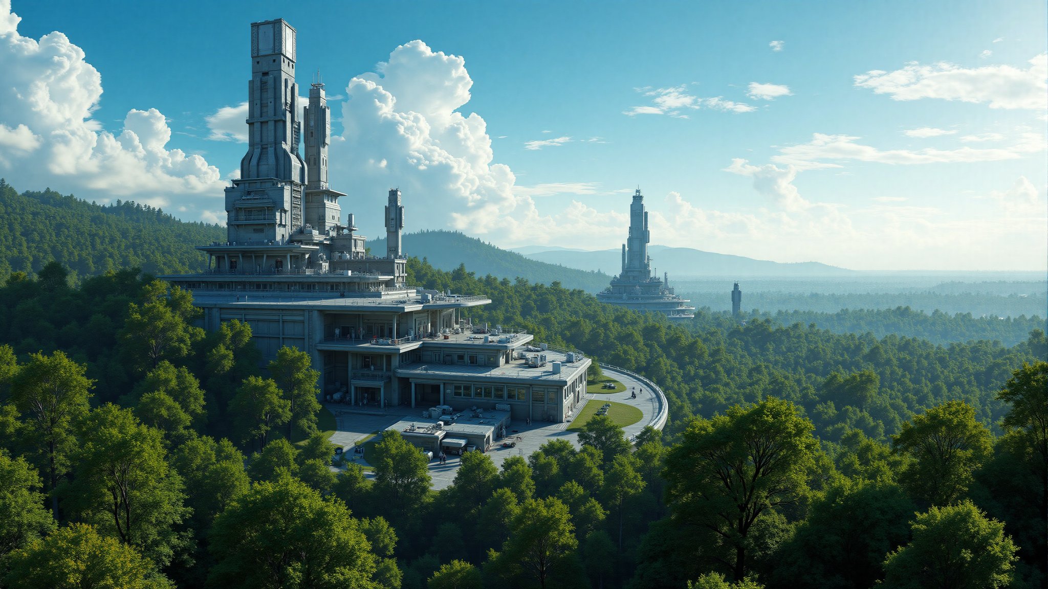 Against a brilliant blue sky,  a futuristic military outpost rises from the heart of an alien jungle's dense foliage. Hars...