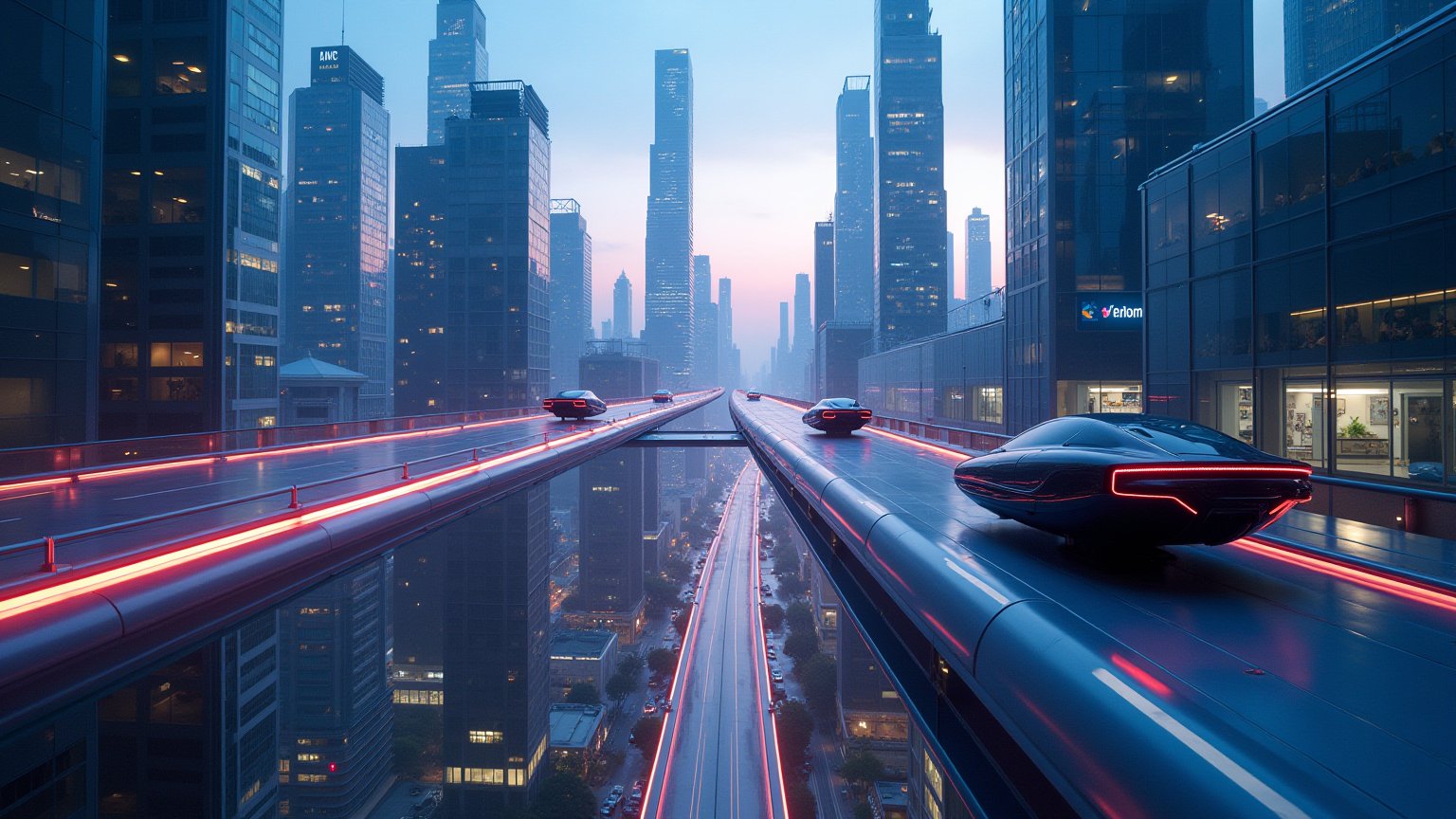 A panoramic view of a futuristic urban landscape at dusk,  featuring sleek,  hovering vehicles zipping through neon-lit sk...