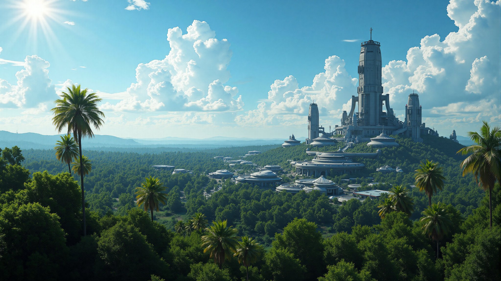 Against a brilliant blue sky,  a futuristic military outpost rises from the heart of an alien jungle's dense foliage. Hars...