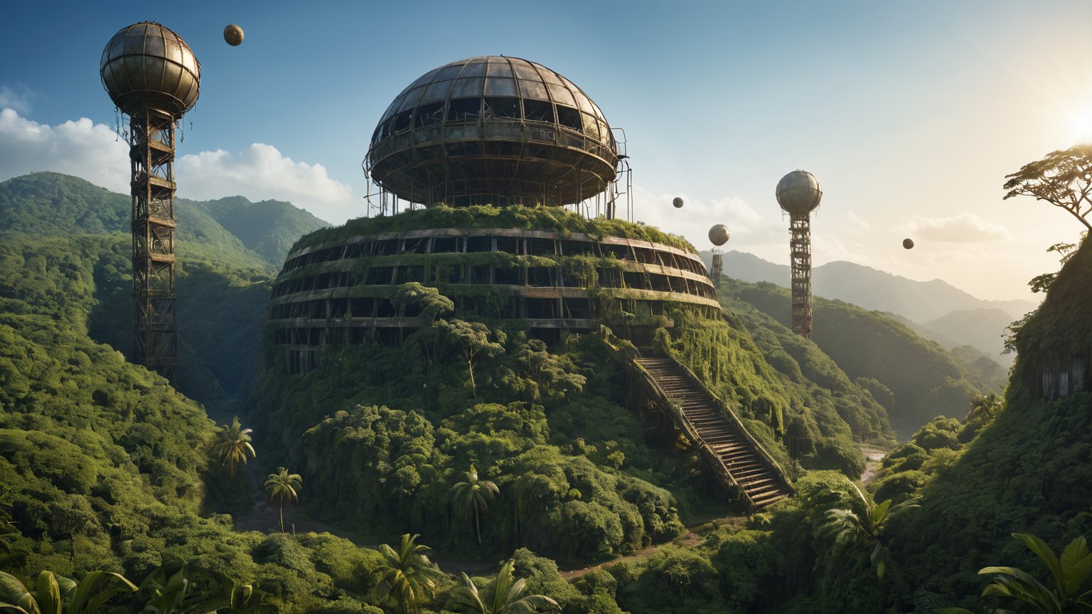 Award-winning panoramic shot of a long-abandoned alien outpost,  camouflaged amidst the lush foliage of a dense jungle. Th...