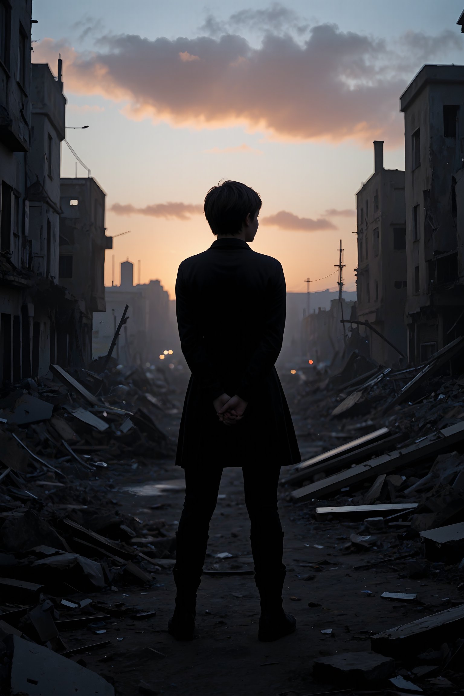 A woman with short hair stands amidst the ruins of a city, her silhouette stark against the twilight sky. The scene is framed with debris and crumbling buildings in the background, emphasizing the post-apocalyptic atmosphere. The lighting is soft and diffused, casting long shadows that highlight the textures of the ruins. Her pose is contemplative, hands clasped behind her back, as she gazes at the remnants of civilization. The composition is balanced, with the woman centered and the ruins sprawling around her, creating a sense of desolation and introspection.