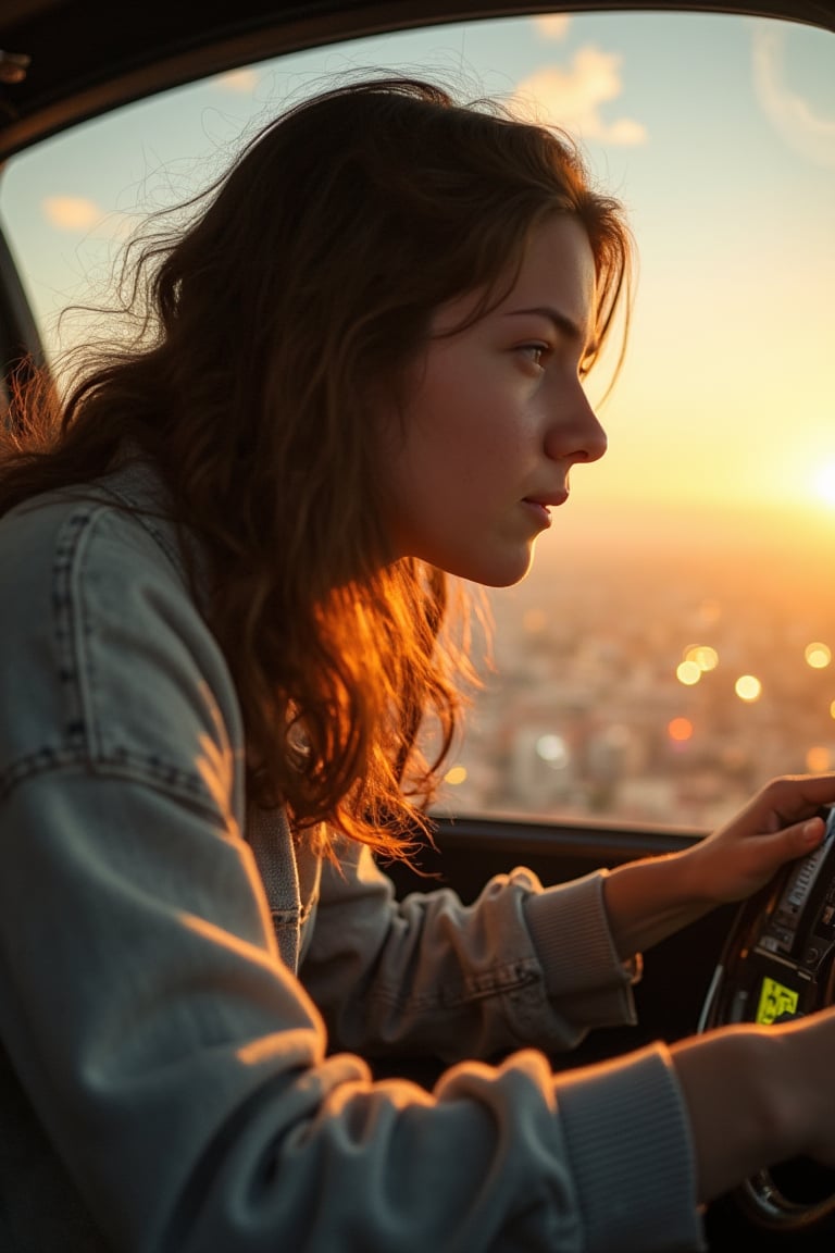 A dynamic close-up shot of a super-powered girl, her eyes glowing with energy, maneuvering a sleek, futuristic light ship in the sky. The ship is illuminated by the golden hour sunlight, casting a warm glow on her determined face. She is in a dynamic pose, hands gripping the controls, with the vast expanse of the sky and distant cityscape visible through the cockpit window. The composition is balanced, with the girl and ship at the center, framed by the glowing sky and city lights below.