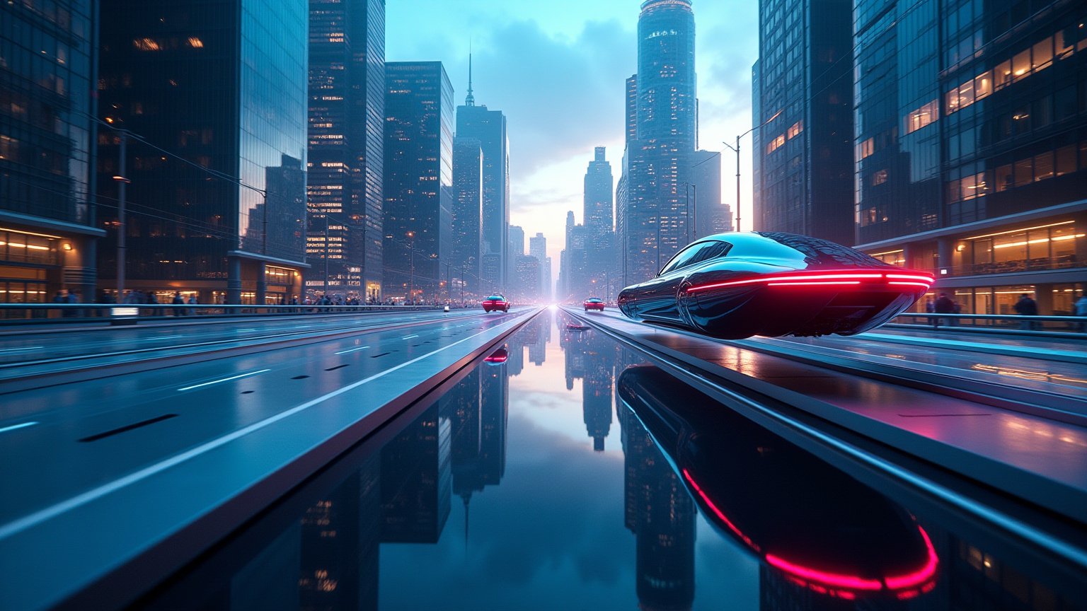 A panoramic view of a futuristic urban landscape at dusk,  featuring sleek,  hovering vehicles zipping through neon-lit sk...