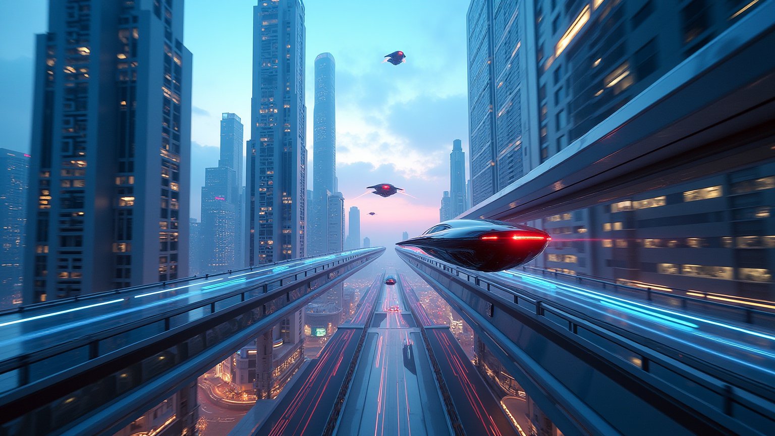 A panoramic view of a futuristic urban landscape at dusk,  featuring sleek,  hovering vehicles zipping through neon-lit sk...