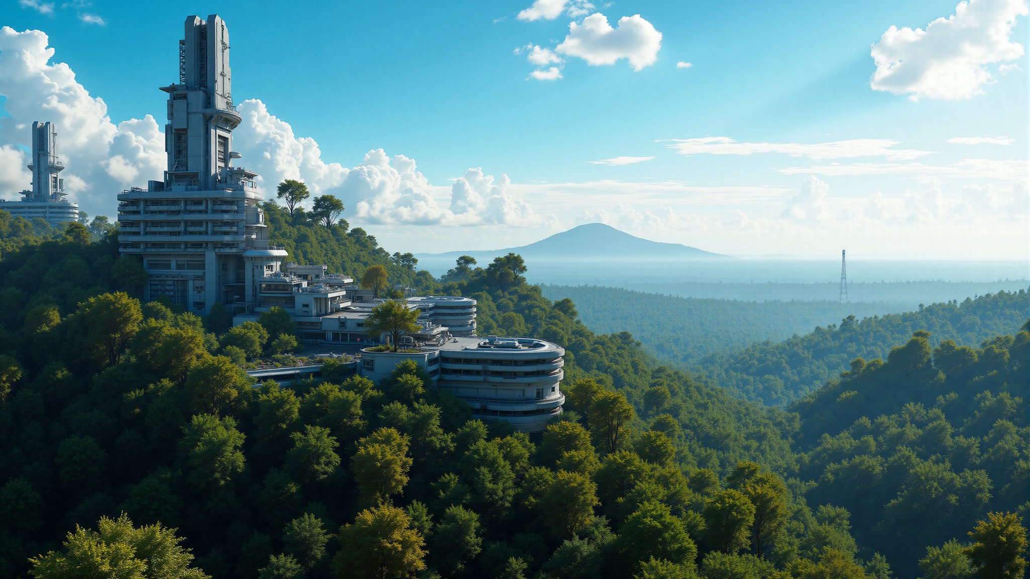 Against a brilliant blue sky,  a futuristic military outpost rises from the heart of an alien jungle's dense foliage. Hars...
