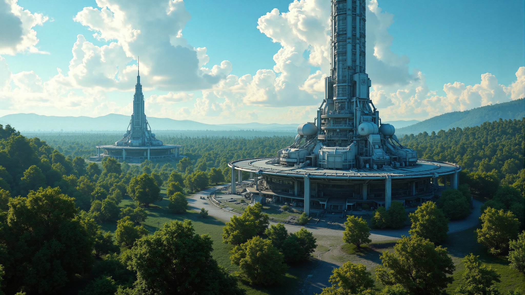 Against a brilliant blue sky,  a futuristic military outpost rises from the heart of an alien jungle's dense foliage. Hars...