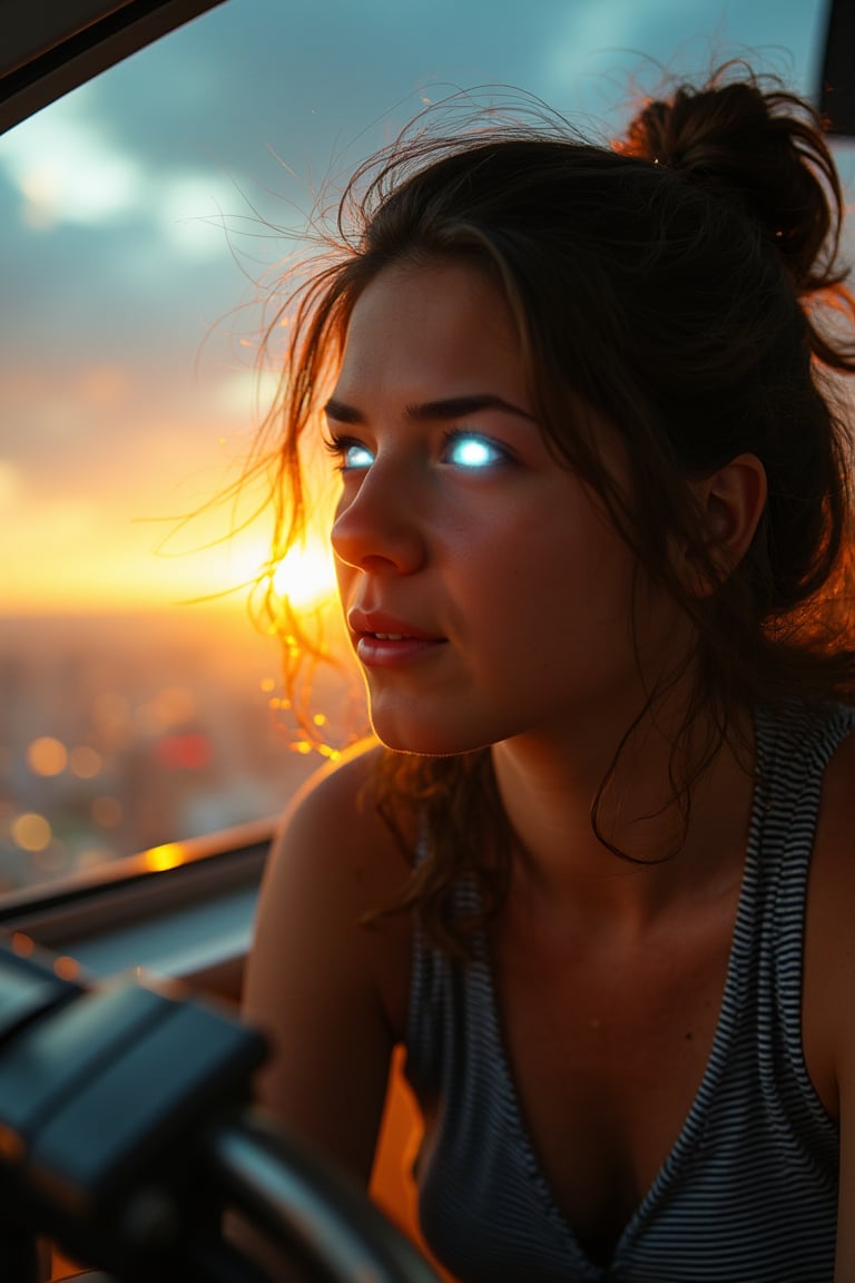 A dynamic close-up shot of a super-powered girl, her eyes glowing with energy, maneuvering a sleek, futuristic light ship in the sky. The ship is illuminated by the golden hour sunlight, casting a warm glow on her determined face. She is in a dynamic pose, hands gripping the controls, with the vast expanse of the sky and distant cityscape visible through the cockpit window. The composition is balanced, with the girl and ship at the center, framed by the glowing sky and city lights below.