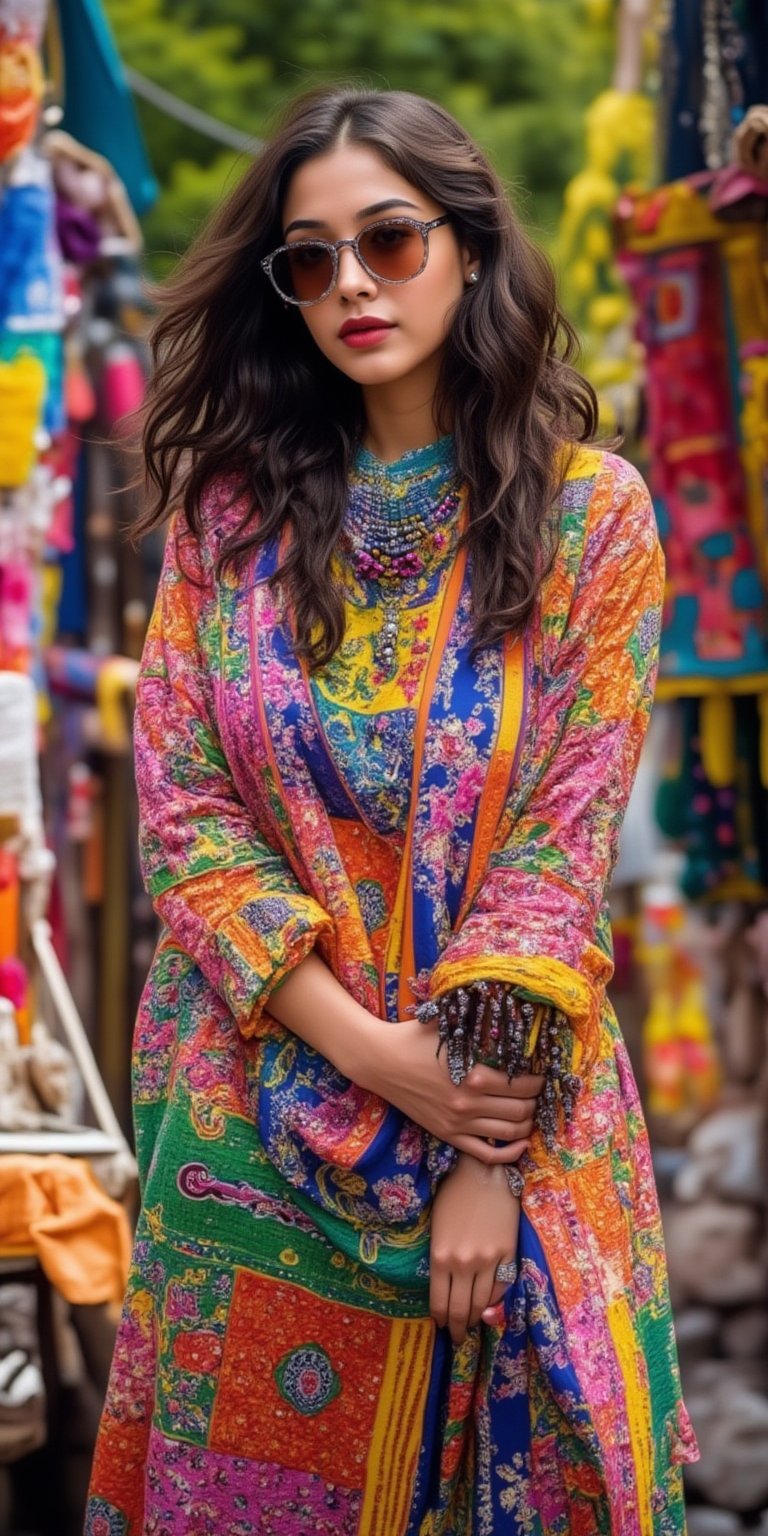 A vibrant young woman with an eclectic style, standing in front of a colorful flea market. She is wearing a mix of different styles, with a vintage floral jacket, a patterned scarf, bright leggings, and bold statement jewelry. Her accessories include oversized sunglasses and a mix of texturesin her clothing. The flea market has stalls filled with unique, handmade items and vibrant decorations. The camera uses a medium shot with a 35mm lens, capturing
the creative and playful energy of her look. The lighting is bright and natural, with the sun highlighting the eclectic mix of patterns and textures. The image is in 6K resolution, emphasizing the variety of fabrics and accessories in her outfit, ek_ph0t0_b00ster