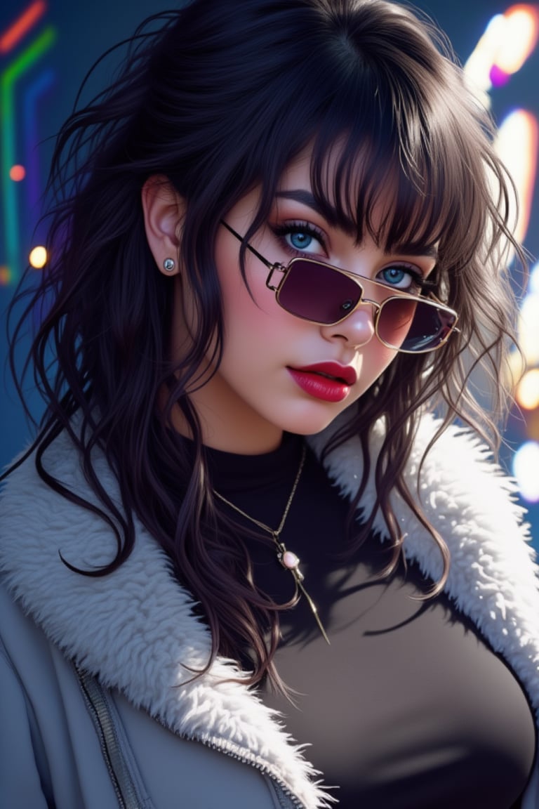 1girl, solo, long hair, looking at viewer, very badass girl, bangs, blue eyes, black hair, jewelry, jacket, upper body, sidelocks, earrings, parted lips, fur trim, black shirt, sunglasses, white jacket, zipper, looking over eyewear, ((masterpiece: 1.2)), light particles, stunning image, attractive image, digital art, professional style, anime style