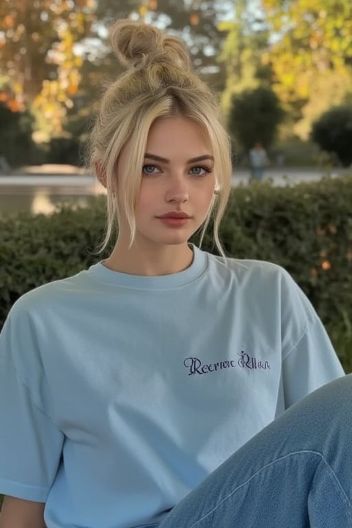 Photo of a beautiful, fit woman with blonde hair and brown eyes,(brunette:1.2)hot lips,, (wearing oversize an light blue crewneck tee: 1.2) and blue jeans, (tee Made with a light-heavy fabric blend:1.3).  She is sit in a park in the city width flores in the back,AUTUMN TIME,AUTUMN DAY, (with a relaxed posture: 1.2), she is nect to a book. Her skin is flawless, and the overall scene captures a natural, outdoor setting. Macro details,Masterpiece,Skin texture style, hdr quality,Detailedface,photorealistic, raw,melissa,hubggirl