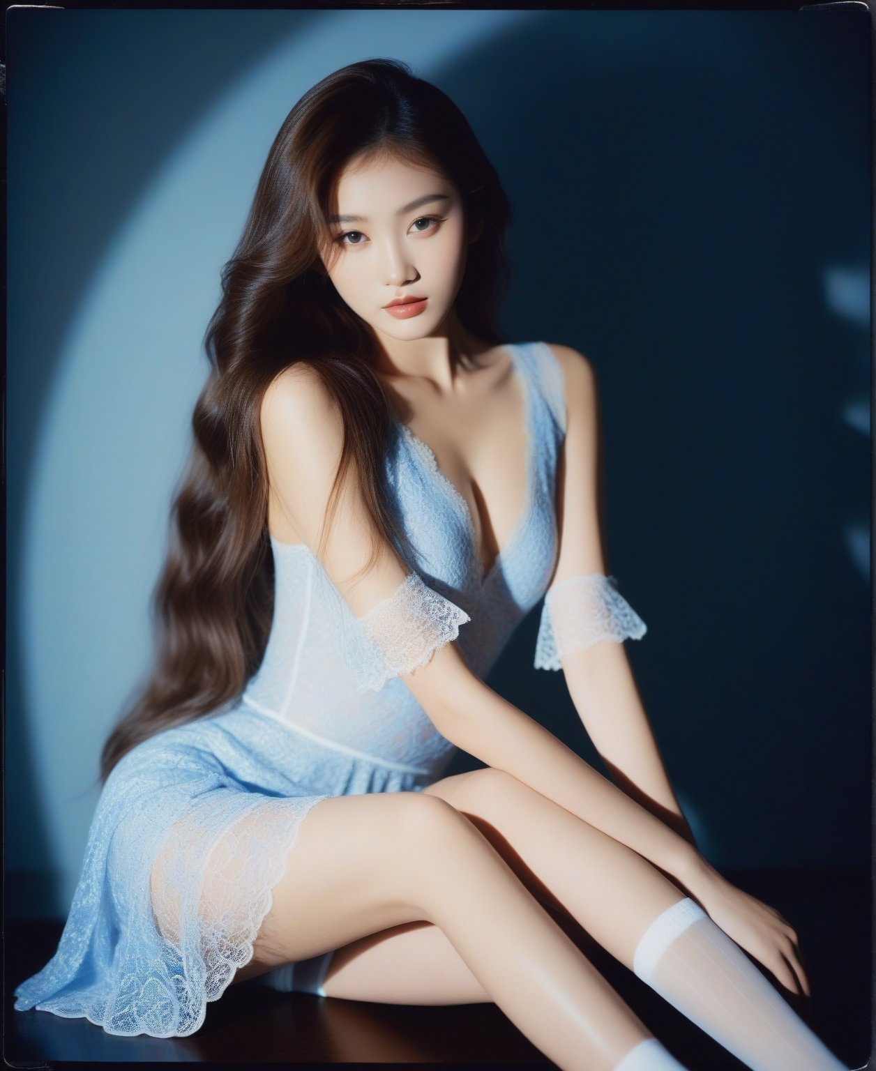 A sultry, 18-year-old Asian supermodel posing in a trendy suit and see-through dress, her long brown hair flowing around her flawless, clean skin. Cinematic lighting casts a warm glow on her beautiful face and piercing blue eyes, which seem to pierce through the camera's lens. Her fit figure is accentuated by white lace socks and high heels. The subject leans forward, invitingly, as if sharing a secret. Polaroid-style photography captures the scene with a vintage flair, using Superia 400 film and a flash with softbox. The dark background creates a mesmerizing blend of soft lighting and shadow, highlighting her natural beauty and alluring presence.