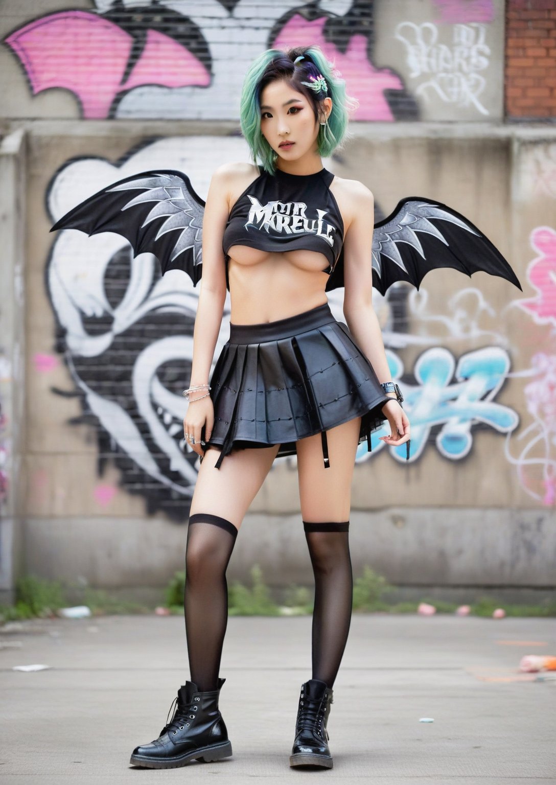 A stunning Asian girl, 20 years young, exudes ethereal charm in Fairy Grunge fashion. Framed by a gritty urban backdrop of Urban Graffiti-covered concrete walls, she poses with confidence. A tiny micro tutu miniskirt and sleeveless croptop showcase underboob, while floral baseball boots and torn black stockings add whimsy to the rebellious aesthetic. Messy, pastel multi-colored hair and makeup complete the look. Perforated skirt and baseball boots blend with goth-inspired person, as black dragon wings spread wide from her back. The ExStyle urban landscape converges with dark, mystical energy, where beauty and edginess harmonize.