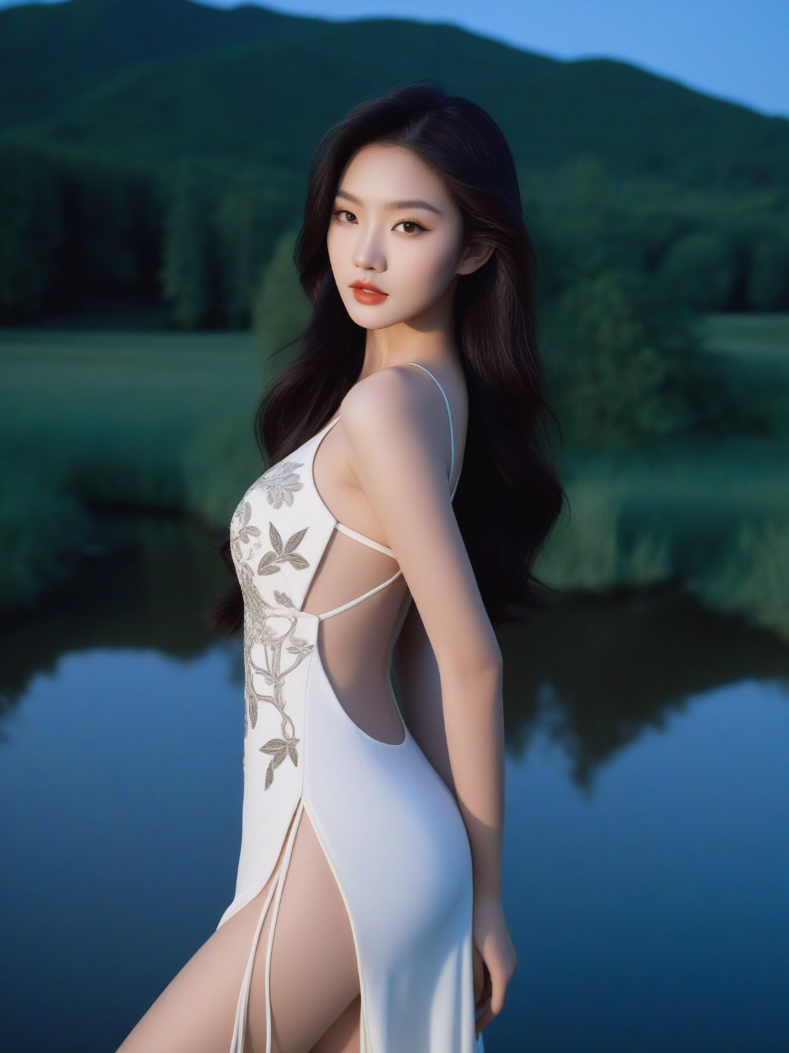 A stunning 18-year-old Asian supermodel stands by a serene lake, her piercing deep amber eyes locking onto the viewer. Her porcelain skin glows under the gentle full moonlight, as her black hair floats softly in the breeze. She wears a gorgeous white high-slit dress with traditional Chinese embroidery patterns, showcasing her toned physique and striking features. The camera captures every detail, from the defined lip line to the delicate eyelashes, as she poses confidently, her long legs and curvaceous figure on full display. The surrounding forest and grassland blend seamlessly into the night sky, creating a mesmerizing backdrop for this polaroid-style photography masterpiece.