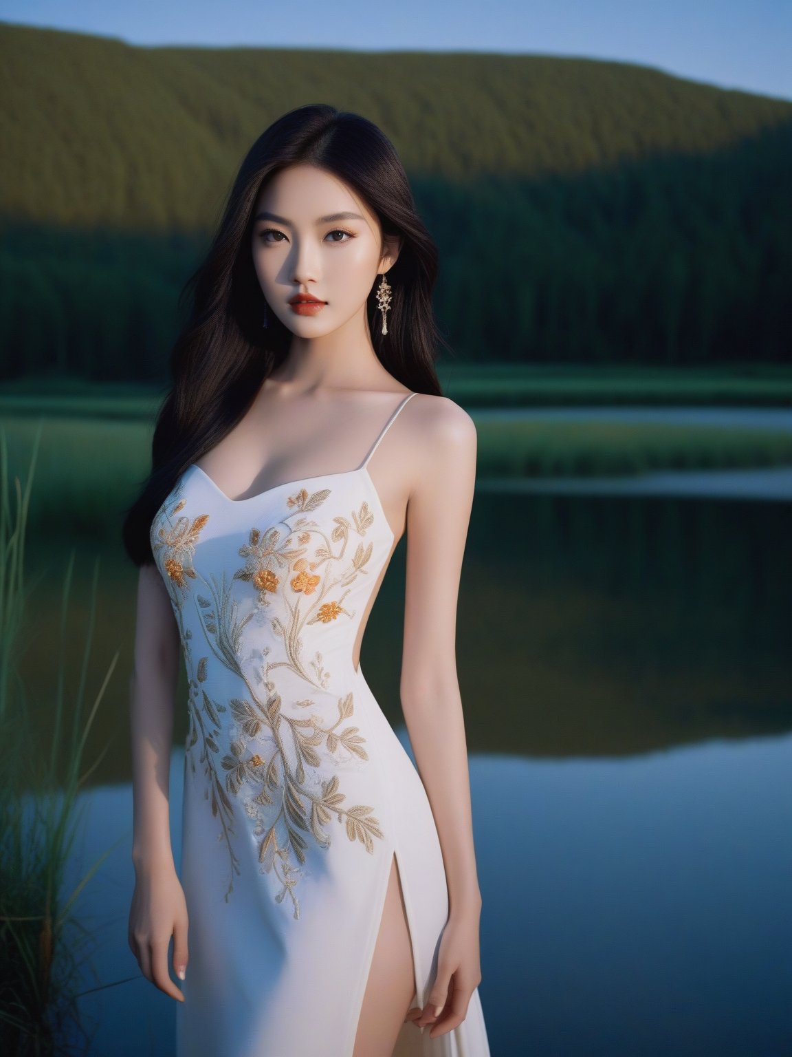 A stunning 18-year-old Asian supermodel stands by a serene lake, her piercing deep amber eyes locking onto the viewer. Her porcelain skin glows under the gentle full moonlight, as her black hair floats softly in the breeze. She wears a gorgeous white high-slit dress with traditional Chinese embroidery patterns, showcasing her toned physique and striking features. The camera captures every detail, from the defined lip line to the delicate eyelashes, as she poses confidently, her long legs and curvaceous figure on full display. The surrounding forest and grassland blend seamlessly into the night sky, creating a mesmerizing backdrop for this polaroid-style photography masterpiece.