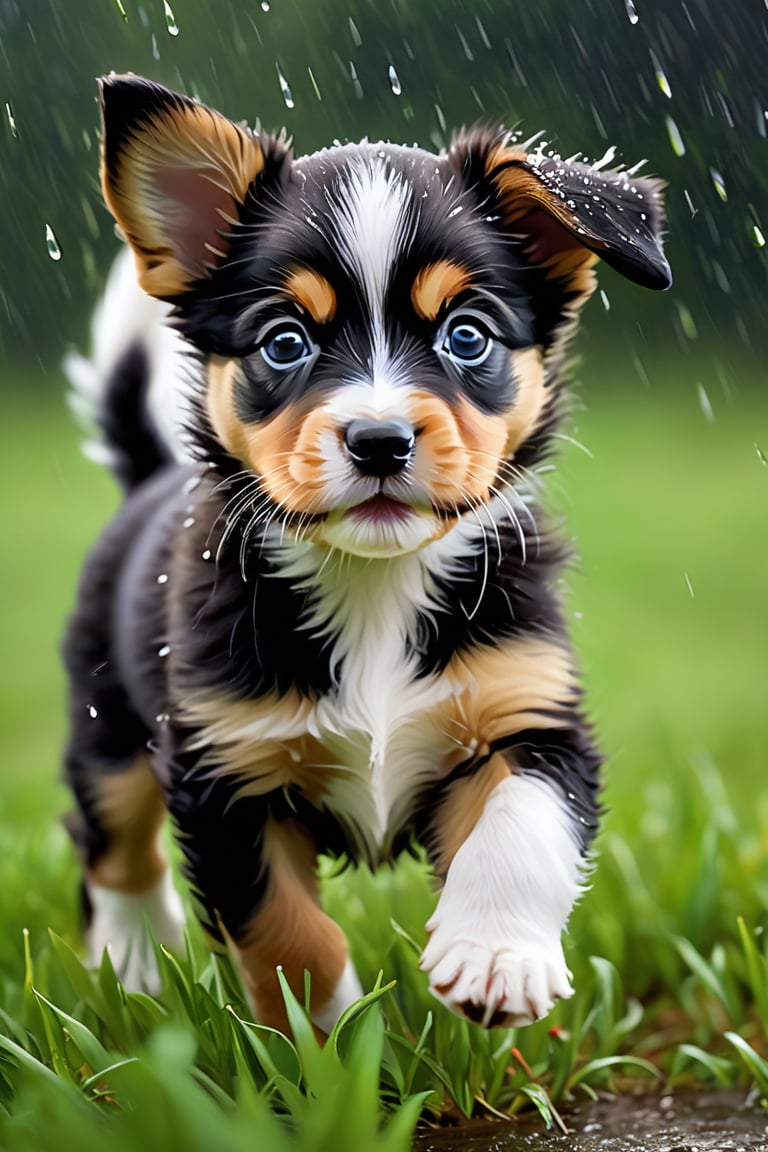 Generate a lively scene of a baby dog eagerly starting to play just before the rain begins. The puppy should be depicted with an excited and alert expression, its tail wagging and ears perked up as it senses the impending raindrops. Show the puppy standing on a patch of grass, perhaps with a ball or toy nearby, ready to engage in a playful activity. Depict the sky darkening with storm clouds and a few raindrops starting to fall, creating a sense of anticipation and excitement in the air. Place the scene in a natural outdoor setting, with trees swaying in the wind and the scent of rain filling the air, adding to the overall ambiance of anticipation and excitement. Ensure that the image captures the puppy's enthusiasm and readiness to play, evoking a sense of energy and anticipation in the viewer.