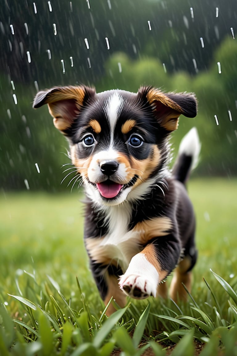 Generate a lively scene of a baby dog eagerly starting to play just before the rain begins. The puppy should be depicted with an excited and alert expression, its tail wagging and ears perked up as it senses the impending raindrops. Show the puppy standing on a patch of grass, perhaps with a ball or toy nearby, ready to engage in a playful activity. Depict the sky darkening with storm clouds and a few raindrops starting to fall, creating a sense of anticipation and excitement in the air. Place the scene in a natural outdoor setting, with trees swaying in the wind and the scent of rain filling the air, adding to the overall ambiance of anticipation and excitement. Ensure that the image captures the puppy's enthusiasm and readiness to play, evoking a sense of energy and anticipation in the viewer.