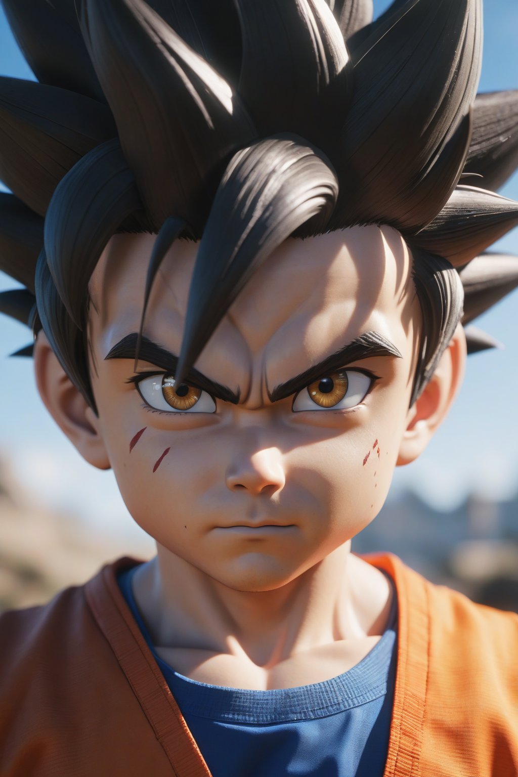 (a songoku in Dragon Ball ), small and cute, (eye color switch), (bright and clear eyes), anime style, depth of field, lighting cinematic lighting, divine rays, ray tracing, reflected light, glow light, side view, close up, masterpiece, best quality, high resolution, super detailed, high resolution surgery precise resolution, UHD, skin texture,full_body,chibi