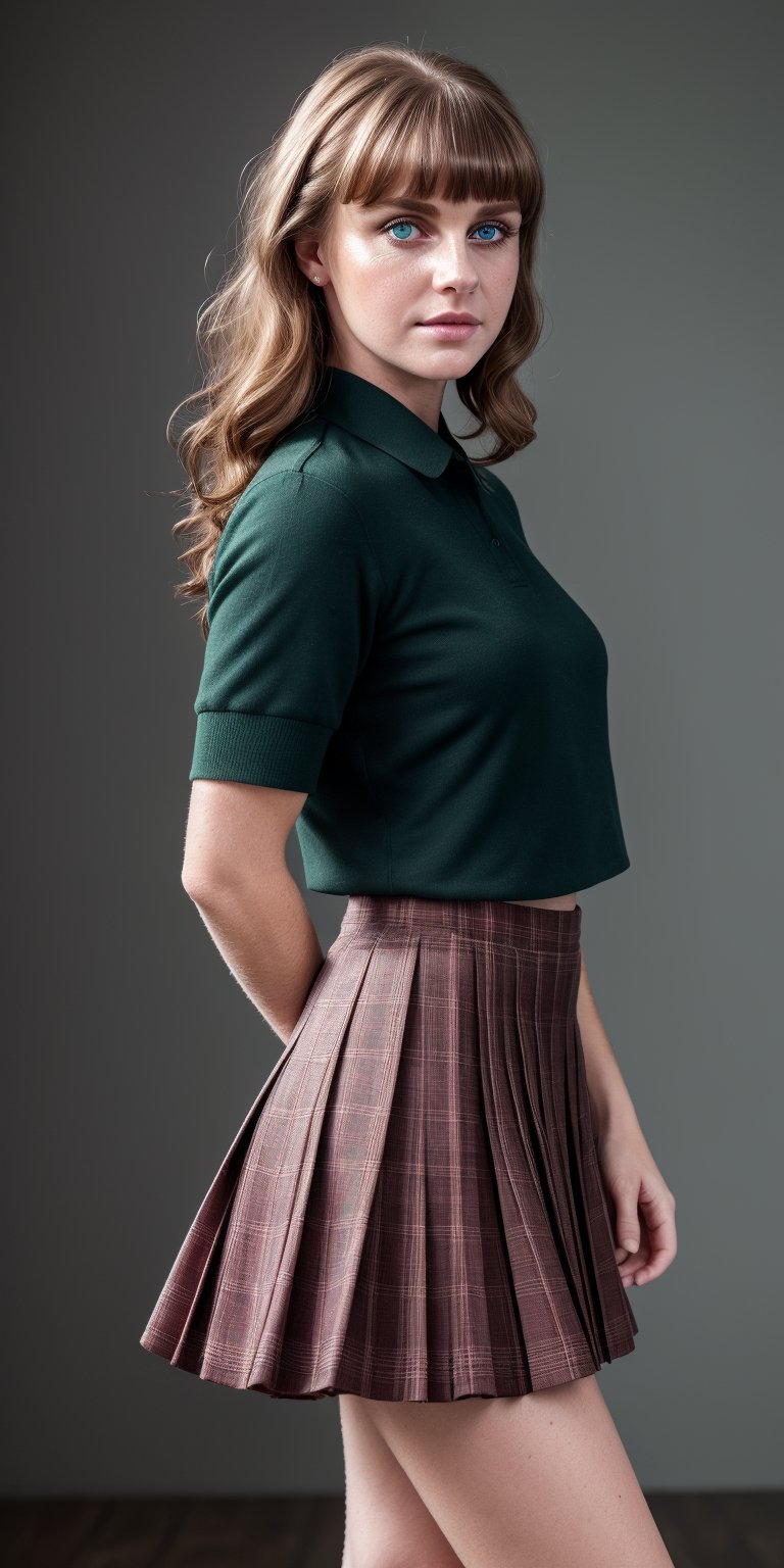 (((masterpiece))), (((best quality))), Best picture quality, high resolution, 8k, realistic, sharp focus, realistic image of elegant lady, Korean beauty, supermodel, girl, standing, wearing short-sleeved school uniform, dark-colored skirt, pleated skirt with tartan pattern, bubble socks, student shoes, light brown hair, long hair, green eyes, side-swept bangs, sideburns, phone, (wet body:1.0), sunlight, sweat, a dog, helf body, shoes removed, Head tilt, untucked, Profile, (high quality:1.0) (white background:0.8), detailed face, (blush:1.0), 1 girl,Young beauty spirit, ZGirl, perfect light, Detailedface,1 girl, big eyes, eye shadow ,SharpEyess, 
,perfecteyes eyes ,Smirk,Detailedface,perfect light,ZGirl,dreaming_background,photo of perfecteyes eyes,