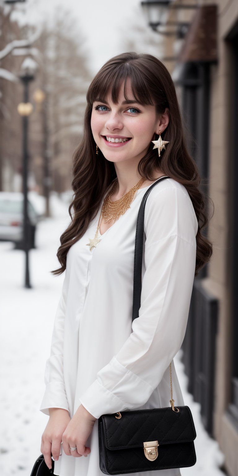 Beautiful and delicate light, (beautiful and delicate eyes), pale skin, big smile, brown eyes, black brown long hair, dreamy, c cup chest, 2000s (style), front shot, Asian girl, bangs, soft expression, height 170, elegance, bright smile, 8k art photo, realistic concept art, realistic, portrait, necklace, small earrings, handbag, fantasy, jewelry, shyness,  white_shirt, one piece dress, snowy street, footprints, stars_(sky), night_sky, ,JeeSoo 