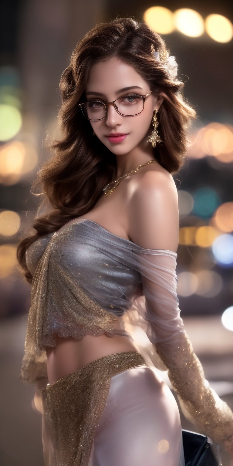 1girl,(RAW photo, best quality), (realistic, photo-realistic:1.4), masterpiece, an extremely delicate and beautiful, extremely detailed, 2k wallpaper, Amazing, finely detail, extremely detailed CG unity 8k wallpaper, ultra-detailed, highres, soft light, beautiful detailed girl, extremely detailed eyes and face, wearing glasses, megane, beautiful detailed nose, beautiful detailed eyes,cinematic lighting,perfect anatomy, sexy, dynamic pose, slender body,smiling city lights at night,at a train station in tokyo,(bokeh:1.3) wearing blouse and skirt, off shoulder,Indian 