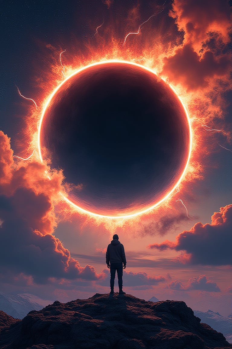 masterpiece, uhd, absurdres, 8K, anime artwork moebius, a man standing in front of a black hole with a sky background, an eclipse, eclipse, dark solar eclipse, solar eclipse, total eclipse, solar eclipse in the sky, blackhole sun, black hole sun, during an eclipse, eternal eclipse, lush and colorful eclipse, blackhole, the magic eclipsing, black hole event horizon, black hole, solar eclipse in iceland