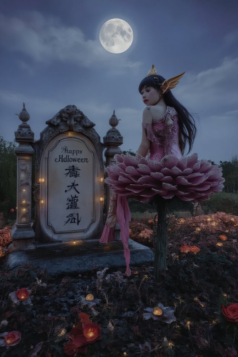 A beautiful young Chinese elf sits atop a massive flower in a tranquil garden at twilight. next to a big TOMBSTONE with words"Happy Halloween". FULL MOON