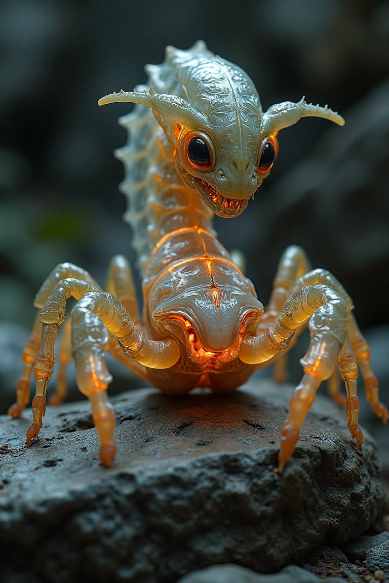 alien creature with ,  making its internal organs visible. sits on a stone. orange glowing veins,  with a menacing and eer...