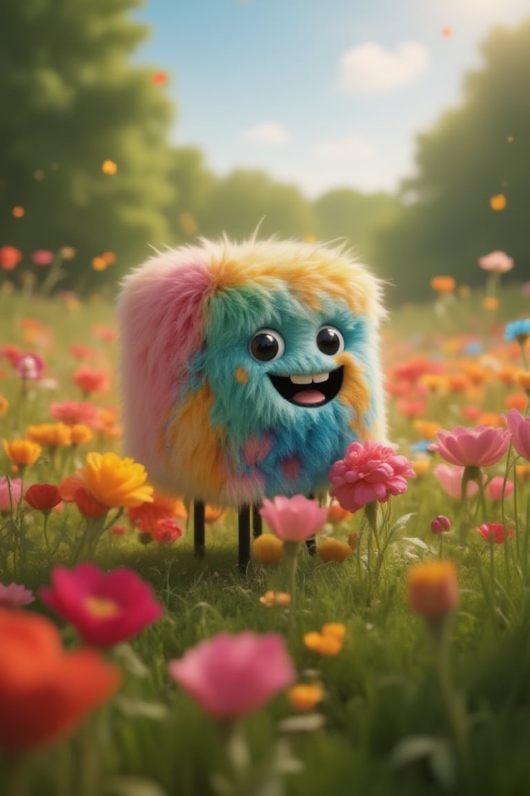 TenTen cube mascot radiates joy amidst a vibrant bouquet of colorful flowers in a lush meadow. From a low-angle perspective, the camera captures the mascot's beaming smile as they sit among the blooms, surrounded by soft focus petals and gentle greenery.,Anime 3D CGI-ABM