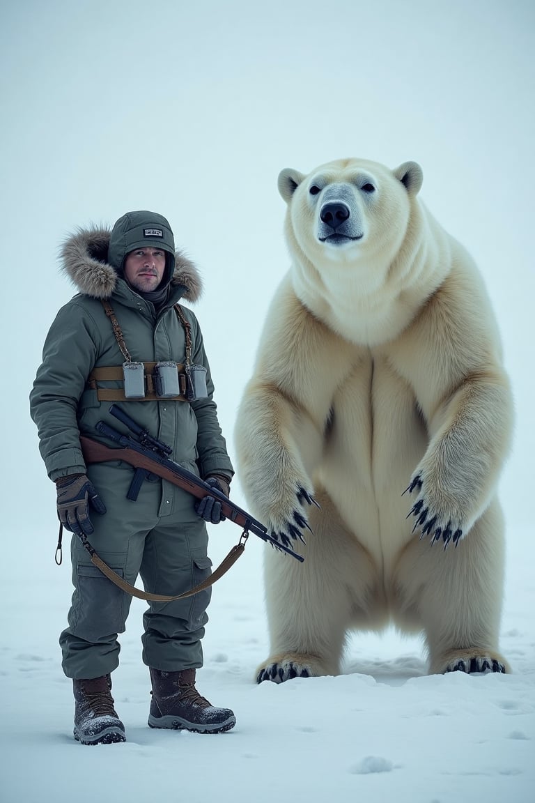 This striking image showcases a dramatic encounter between a human and a polar bear in a wintry, high-latitude setting. The man is outfitted in heavy-duty, cold weather gear including a fur-lined parka, gloves, and insulated boots, indicating the harsh environmental conditions. He stands alongside the massive, imposing figure of the polar bear, which dominates the scene with its towering, muscular presence and piercing gaze. The man's stance is confident and purposeful, with his rifle at the ready, suggesting a degree of preparedness and caution in the face of this powerful, unpredictable wild animal. The polar bear's stance is also alert and attentive, underscoring the delicate balance and potential for conflict in this human-animal interaction. The contrast between the man's technological implements and the bear's raw, natural power creates a sense of tension and uncertainty, inviting the viewer to ponder the complex relationship between humanity and the natural world, especially in remote, unforgiving environments. The moody, monochromatic tones of the scene further heighten the sense of drama and precariousness. Overall, this image presents a visually striking and thought-provoking exploration of the themes of exploration, environmental stewardship, and the fragile co-existence of humans and wildlife in extreme, wilderness settings.