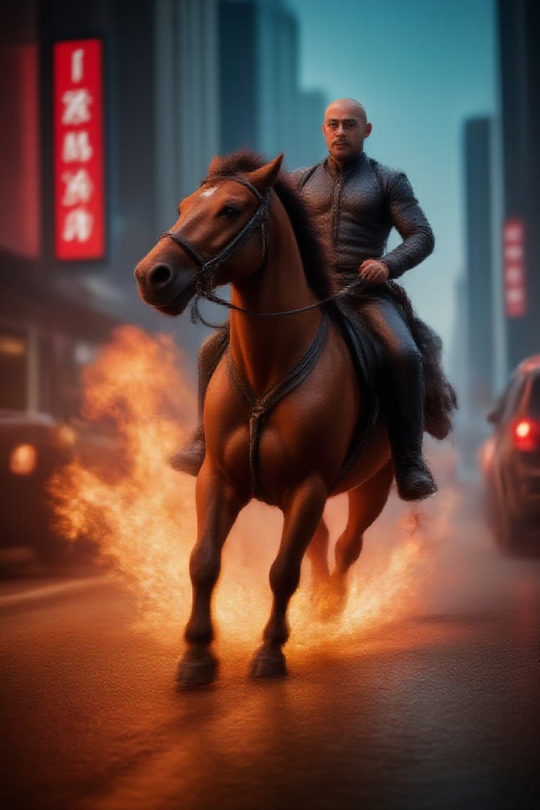 the cyborg rode atop a warhorse consumed by a blazing inferno, galloping through the neon-lit streets of a cyberpunk city. cinematic shot + dynamic composition, incredibly detailed, sharpen, details + intricate detail + professional lighting, film lighting + 35mm + anamorphic + lightroom + cinematography + bokeh + lens flare + film grain + HDR10 + 8K + Roger Deakins, ((cinematic)), perfect composition, hyperrealistic, super detailed, 8k, high quality, trending art, trending on artstation, sharp focus, studio photo, intricate details, highly detailed, The overall composition is dynamic and eye-catching, blending popular culture and mass media influences with a striking, modern interpretation of a classic view.