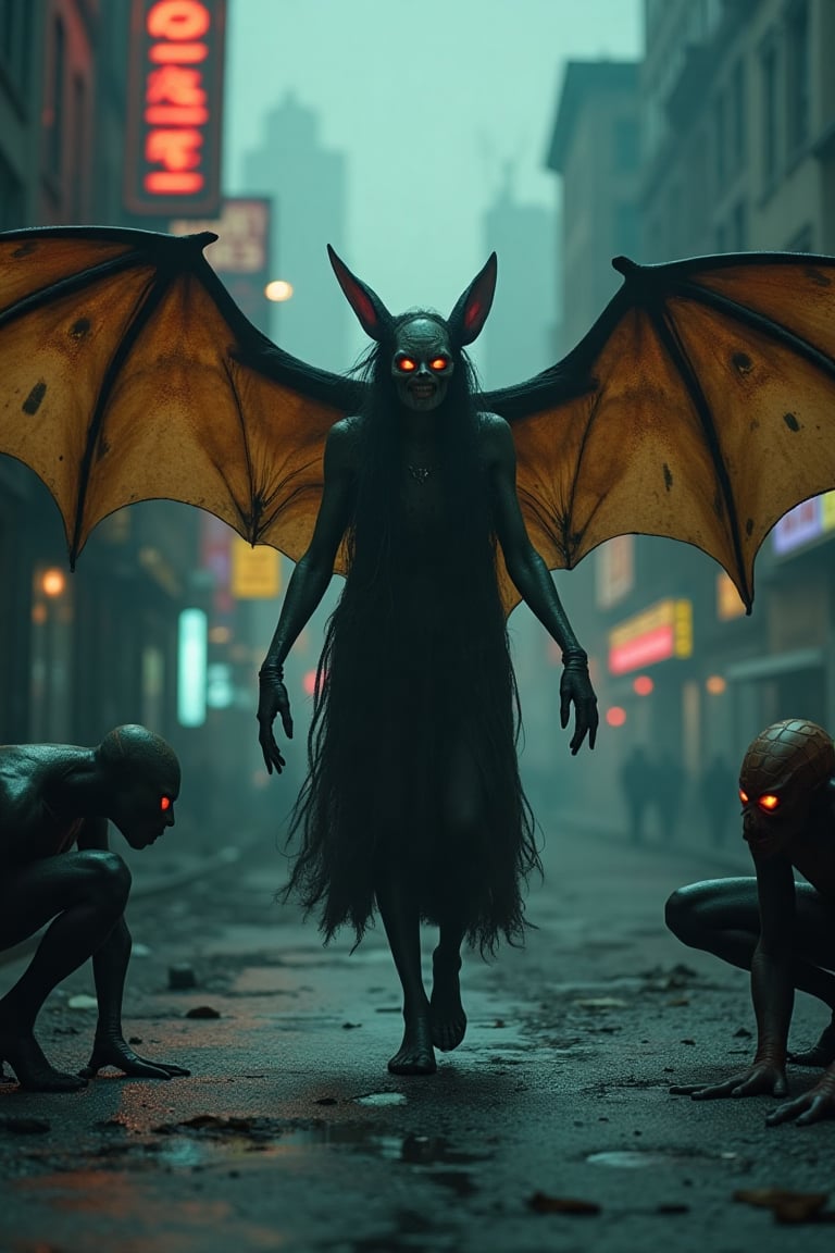 A haunting scene: Arafed zombie human bat with its wings spread open walks down a desolate street in post-apocalyptic New York, his creepy face illuminated by flickering neon signs and distant flames. In the shadows, Greta Thunberg-as-Gollum lurks, her eyes gleaming with an otherworldly intensity. Spiderman, also transformed into Gollum, crouches nearby, his grotesque features lit by a fiery glow. In the background, a 3D-rendered cityscape lies in ruins, shrouded in mist and smoke, as Jeremy Geddes' matte painting meets Chris Cunningham's global illumination. VFX mastery brings this eerie titan-Gollum to life.