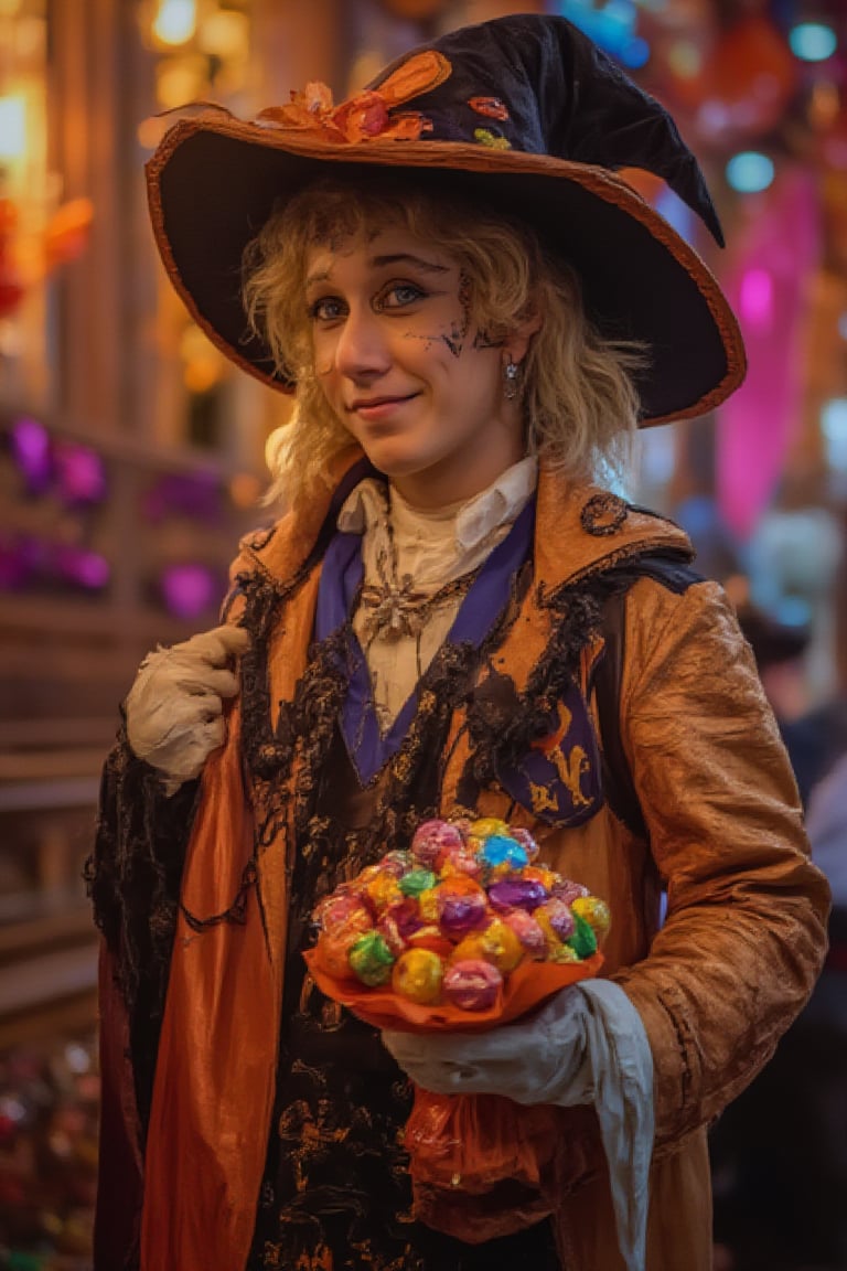 exquisite male character in Halloween costume, holding a sweet candy bouquet, charming smile, medium shot, detailed facial features, expressive eyes, festive Halloween decorations, soft ambient lighting, focus on the character's playful and delightful presence, intricate details in the costume and candy bouquet, slight tilt of the head, emphasis on the joyful and festive atmosphere.