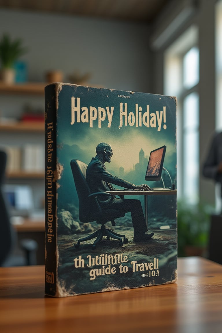 masterpiece, 8k, HDR, best quality, photography, analog style, real life, extremely beautiful, (highly detailed, intricately detailed), COVER OF A ZOMBIE BOOK on a table in an office, on the cover is a picture of a zombie in a black suit sitting in a computer chair with a computer in front of it, below is a text that says "Happy Holiday!", below the main title is a subtext that says "ultimate guide to Travel". The book also has a bulleted list with the following points: "SAT", "SUN?" "10.1!"