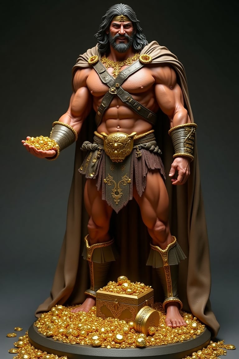 a figurine Character Model made from Resin with High-Quality, Game-Design Style, Ensuring Exceptional Detail and Realism", 8k, masterpiece,, ultra realistic, illustrated by Kenturo Muira, front view, Conan the barbarian stands on a golden trove of treasure, right hand hold gold in palm, bold smile, on the floor he is surrounded by gold, jewelry, precious stones.