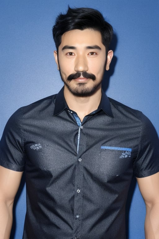 AsianMale,GYX, 1boy, solo, male focus, facial hair, shirt, black hair, realistic, mustache, black eyes, collared shirt, blue background, simple background, portrait, short hair, upper body, beard, print shirt
