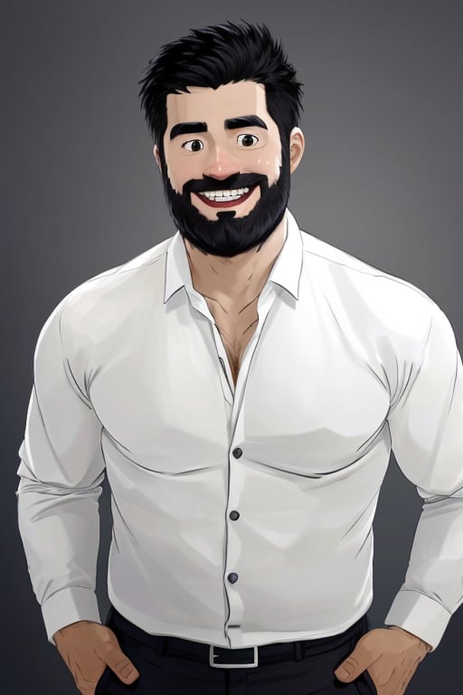 1man, Jiangwen, 1boy, male focus, solo, facial hair, realistic, smile, black hair, grin, formal, beard, simple background, white background, suit, upper body, shirt, real life insert, white shirt, black eyes
