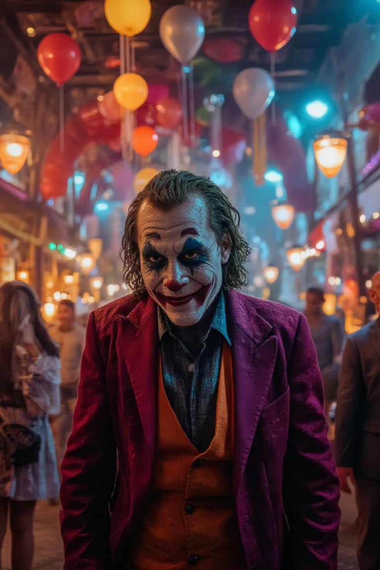 A highly detailed 8K realistic image of the Joker at Oktoberfest, surrounded by floating balloons. The scene is vibrant and chaotic, with the Joker's iconic makeup and costume contrasting against the festive backdrop. The balloons are supernatural, glowing with an eerie light. The lighting is dynamic, capturing the energy of the festival and the Joker's sinister presence. The composition is balanced, with the Joker in the foreground and the balloons floating around him. The overall atmosphere is surreal and unsettling, blending the festive and the supernatural.