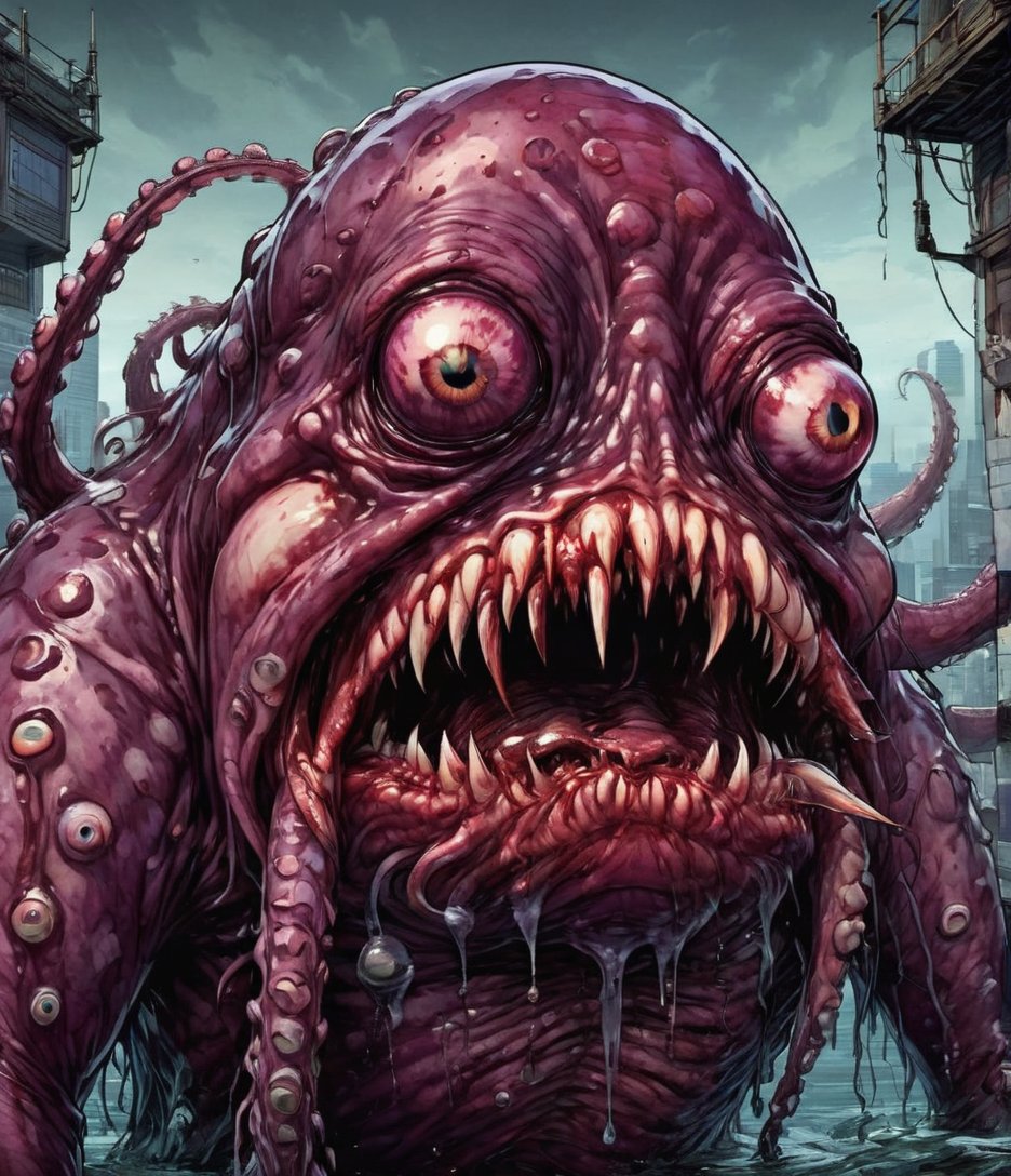 Art style of Mark brooks, dark, full shot, anthropomorphic blob monster, octopus like, short tentacles, jelly like skin, loathsome gelid, frog like head, blubbery lips, large fish like eyes, taller than man. Comic book, horror, fx-monsters-xl-meatsack,creature,LegendDarkFantasy