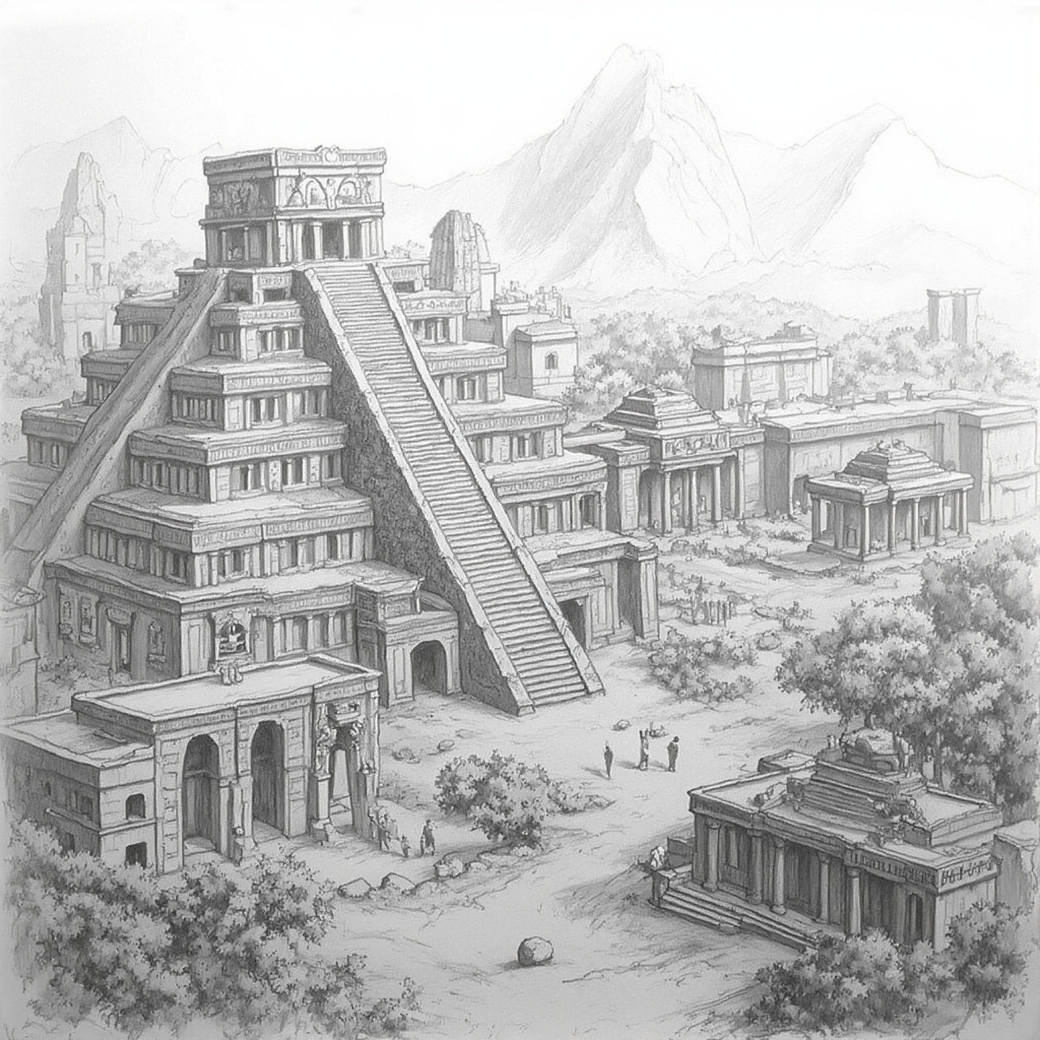 Pencil drawing, graphite hard, sketch, smooth shading, A detailed masterpiece detailed illustration of an ancient city inspired by the Mayan empire, located in a vast jungle landscape. The city is surrounded by an imposing wall, with tall spires and rising above. The architecture includes large stone temples and palaces with multi-tiered roofs, each adorned with intricate carvings of deities, apsaras, and mythical creatures. The central temple is the tallest, with a pyramidal structure and a series of terraces leading up to the top. The surrounding landscape is Natural tones browns, silvers, white dominating the scene, and distant mountains can be seen through a hazy, sunlit sky. Include details like sandstone carvings, fluttering in the wind, and a dusty atmosphere that gives a sense of the city's ancient and mysterious nature.